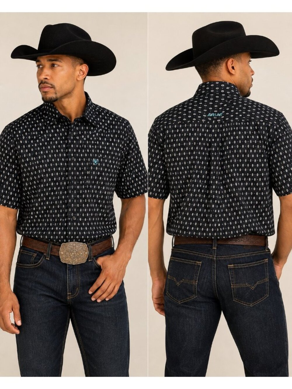 Ariat Men’s XL Steele Shirt Black Geometric Print Western Short Sleeve Cotton